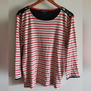 Jones New York leather trimmed striped cotton top Women's XL tan red black